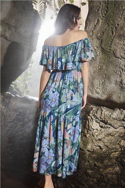 Monamise Kadın Petrol Mavisi Omzu Açık Volanlı Maxi Elbise 21009