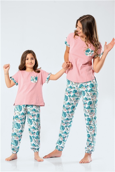 Türen 3341 Anne & Kız Çocuk Dokuma Yapraklı Kısa Kollu Pijama Takım - Pudra