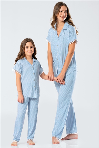 Türen 3343 Anne & Kız Çocuk Çizgili Kısa Kollu Kollu Gömlek Yaka Pijama Takım - Mavi