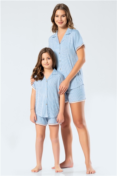 Türen 3344 Anne & Kız Çocuk Çizgili Kısa Kollu Kollu Gömlek Yaka Şort Takım - Mavi